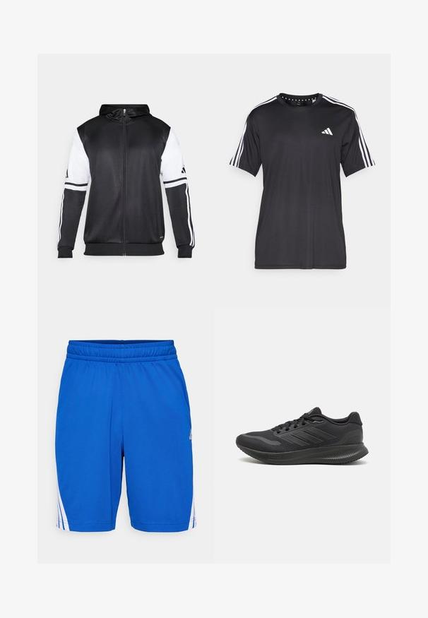 Fekete zipzáras kapucnis pulóver, fehér ujjakkal és három fehér csíkkal a karokon. Simább, könnyű anyagból készült. A kapucnis pulóver dizájnja is benne van.; Fekete, rövid ujjú póló, fehér háromcsíkos mintával a vállakon és logóval a mellkasán. Lélegző anyagból készült, sima tapintású.; Kék atlétikai rövidnadrág sima anyagból, elasztikus derékpánttal és fehér díszcsíkokkal az oldalakon.; Fekete sportcipők hálós felsőrésszel, sima textil kiegészítőkkel, kerek orral, lapos fűzőkkel és texturált gumitalppal a tapadásért.