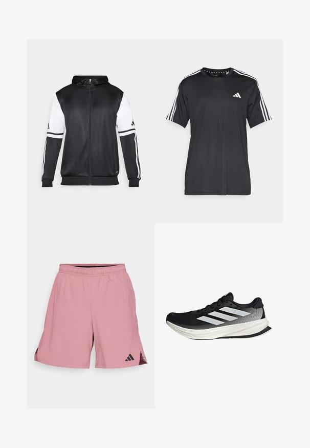 Black zip-up hoodie featuring white sleeves and three white stripes along the arms. Made from a smooth, lightweight fabric. Hoodie design included.; Black short-sleeve t-shirt with white three-stripe design on shoulders and logo on the chest. Made from breathable fabric, smooth texture.; adidas Performance D4T WORKOUT - Sports shorts - preloved crimson; Black athletic shoe with a mesh design, featuring white stripes, a rounded toe, and a textured sole for grip and support.