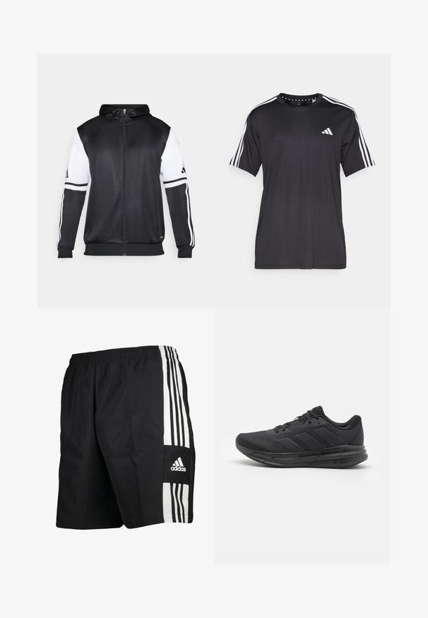 Hoodie zippé noir avec des manches blanches et trois bandes blanches le long des bras. Fabriqué en tissu lisse et léger. Design de hoodie inclus.; T-shirt noir à manches courtes avec un design à trois bandes blanches sur les épaules et un logo sur la poitrine. Fabriqué en tissu respirant, texture lisse.; Shorts de sport noirs avec une taille élastique, arborant trois bandes verticales blanches sur le côté et le logo Adidas sur la jambe inférieure.; Chaussure de sport noire avec une tige en mesh, semelle en caoutchouc, design texturé et détail de trois bandes sur le côté. Rembourrage en mousse pour le confort.