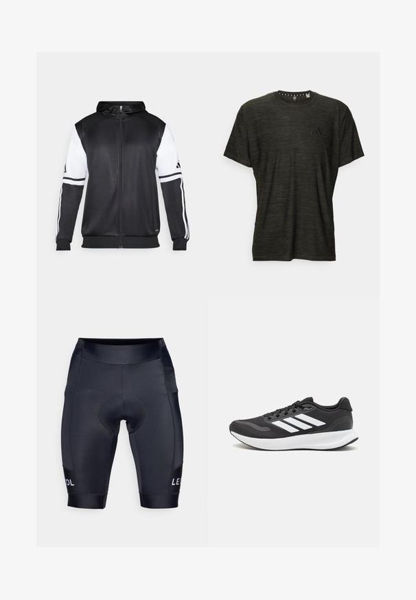 Melnā džemperis ar rāvējslēdzēju, ar baltām piedurknēm un trim baltām svītrām gar rokām. Izgatavots no gludas, vieglas auduma. Džempera dizains iekļauts.; Tumši zaļš īsām piedurknēm T-krekls ar teksturētu rakstu, apaļu kakla izgriezumu un mazu melnu logotipu uz krūškurvja. Līdzena apakšmala.; Melni velosipēdu šorti, kas izgatavoti no elastīga materiāla. Iekļautas spilventiņi sēžamvietai un "LE COOL" logo baltā krāsā apakšējā kreisajā kājā.; Melnas sporta kurpes ar elpojošu acs augšu, baltām akcentiem un mīkstu zoli. Sānā ir trīs svītru logo.