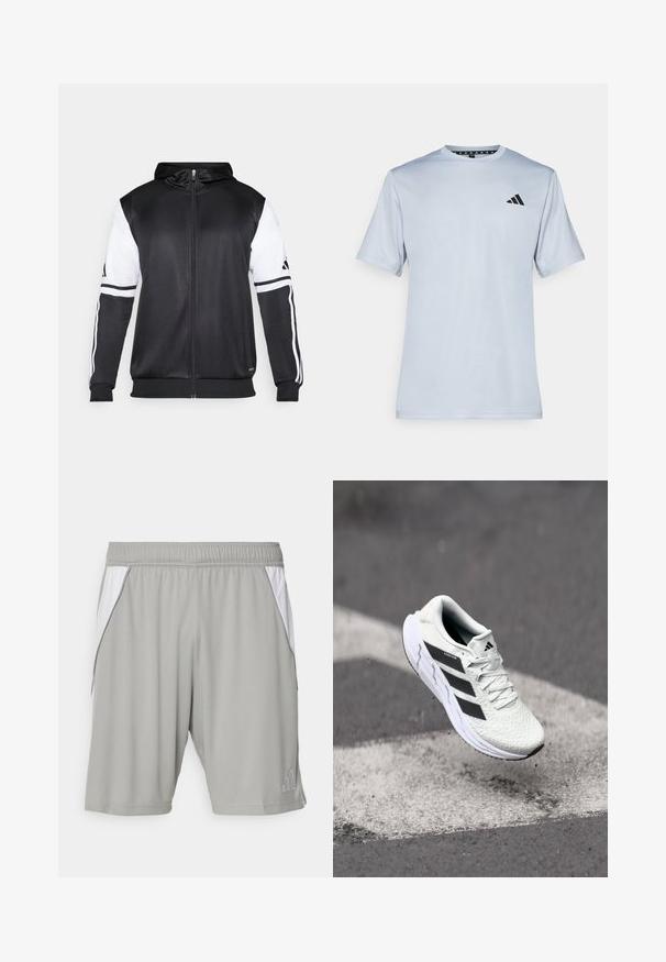 Fekete zipzáras kapucnis pulóver, fehér ujjakkal és három fehér csíkkal a karokon. Simább, könnyű anyagból készült. A kapucnis pulóver dizájnja is benne van.; adidas Performance Sportfelső - halo silver-coloured/black; Szürke sportos rövidnadrág könnyű anyagból, fehér oldalsón lévő panelekkel, elasztikus derékpánttal és egy kis logóval az alsó sarokban.; Fehér sportcipő texturált hálós felsőrésszel, fekete csíkokkal, fűzős záródással és párnázott talppal, egy megjelölt útfelület felett lebeg.