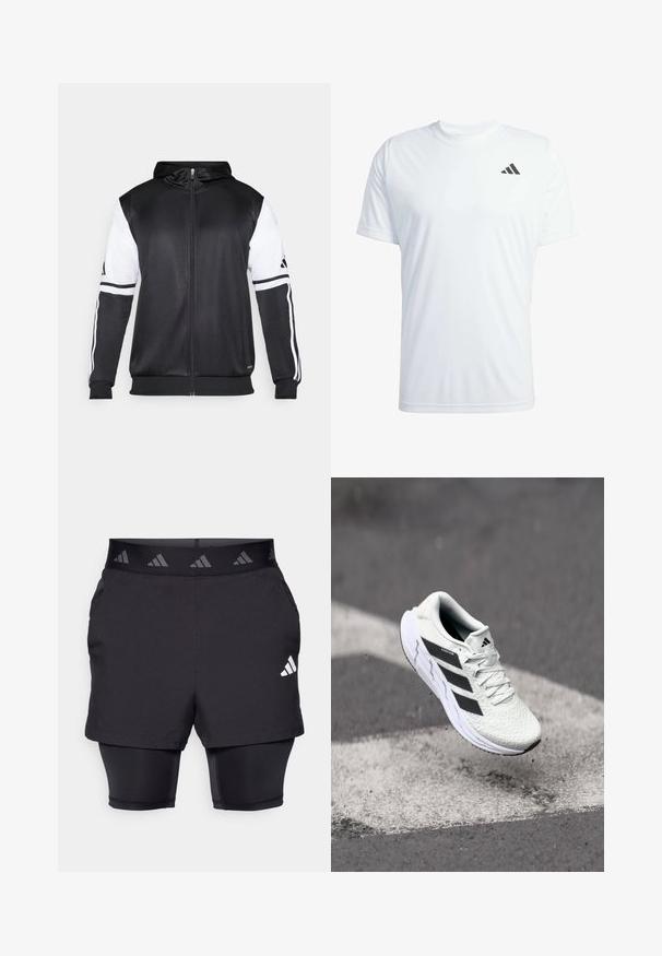 Svart zip-up hoodie med vita ärmar och tre vita ränder längs armarna. Tillverkad av ett mjukt och lätt tyg. Design av hoodie ingår.; Vit kortärmad sporttröja i lätt tyg med en svart Adidas-logotyp på övre vänstra bröstet.; Svarta atletiska shorts med ett innerlager. Texturerad tyg på de yttre shortsen, med ett mönstrat elastiskt midjeband och en logotypdetalj.; Vitt sportskor med strukturerad mesh-överkant, svarta ränder, snörning och en dämpad sula, svävande över en markerad väg.