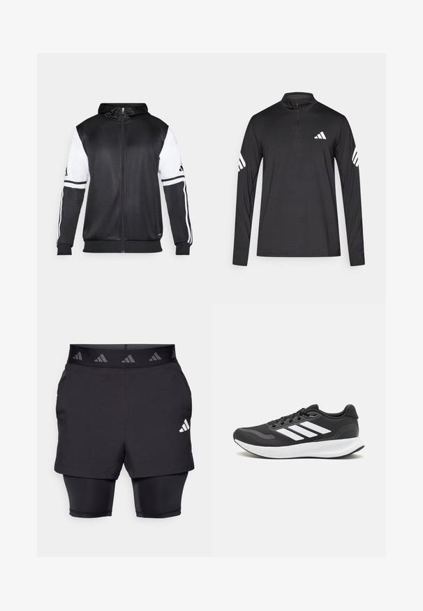 Svart zip-up hoodie med vita ärmar och tre vita ränder längs armarna. Tillverkad av ett mjukt och lätt tyg. Design av hoodie ingår.; Svart långärmad tröja med halvdragkedja i nacke; har en vit Adidas-logotyp på bröstet och tre vita ränder på varje arm.; Svarta atletiska shorts med ett innerlager. Texturerad tyg på de yttre shortsen, med ett mönstrat elastiskt midjeband och en logotypdetalj.; Svart atletisk sko med andningsbar mesh-överdel, vita detaljer och en dämpad sula. Har tre ränder logo på sidan.