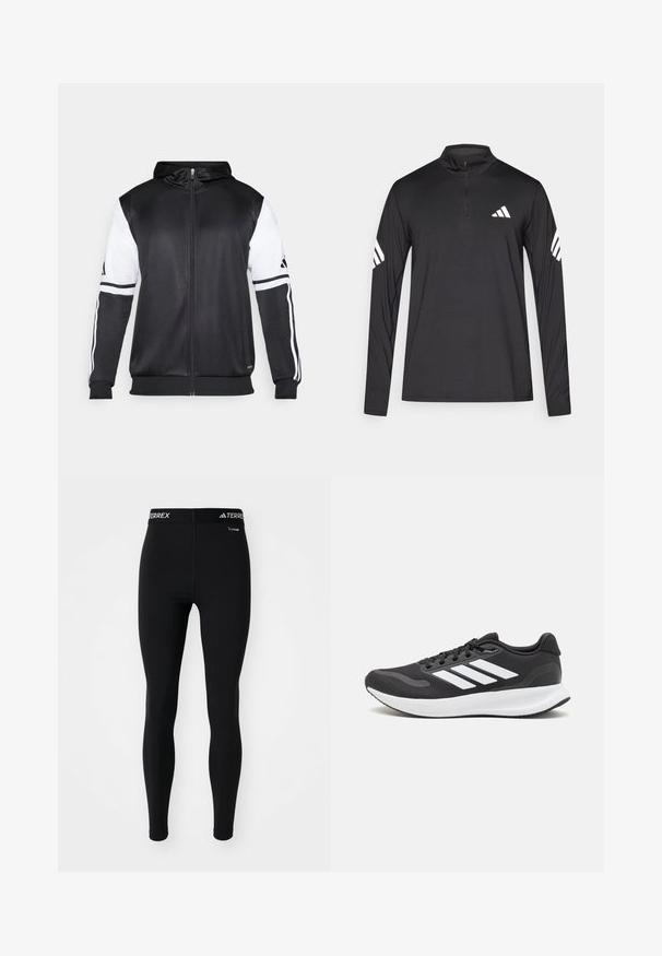 Czarna bluza z kapturem na zamek z białymi rękawami i trzema białymi paskami wzdłuż ramion. Wykonana z gładkiego, lekkiego materiału. Zawiera wzór bluzy z kapturem.; Czarna koszula z długim rękawem i półzamkiem przy szyi; na klatce piersiowej znajduje się białe logo Adidas, a na każdym ramieniu trzy białe paski.; Czarne legginsy sportowe o dopasowanym kroju i elastycznym pasku w talii z logo „TERREX”. Wykonane z gładkiego, elastycznego materiału.; Czarne buty sportowe z oddychającą siateczką, białymi akcentami i wyściełaną podeszwą. Posiadają logo w postaci trzech pasków po boku.