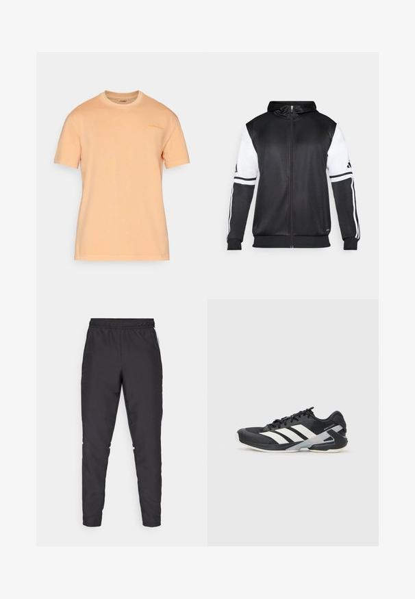 Fekete zipzáras kapucnis pulóver, fehér ujjakkal és három fehér csíkkal a karokon. Simább, könnyű anyagból készült. A kapucnis pulóver dizájnja is benne van.; Rövid ujjú póló világos barack színű pamutból, kerek nyakkivágással és diszkrét logónyomattal a mellkason, puha, sima tapintással.; Fekete sportnadrág, rugalmas derékkal, szűkített szárakkal és fehér oldalszegésekkel. Szinétikus anyagból készült, sima tapintással.; Fekete sportcipő fehér csíkokkal, hálós felsőrész, kerek orr és párnázott talp. Texturált sarokkal és biztonságos fűzőrendszerrel rendelkezik.