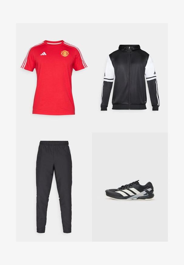 Melnā džemperis ar rāvējslēdzēju, ar baltām piedurknēm un trim baltām svītrām gar rokām. Izgatavots no gludas, vieglas auduma. Džempera dizains iekļauts.; Sarkans kokvilnas t-krekls ar īsām piedurknēm, uz pleciem ar baltām Adidas svītrām un Manchester United logo uz krūtīm.; Melnas sporta bikses ar elastīgu jostu, sašaurinātām kājām un baltām sānu akcentiem. Izgatavotas no sintētiska materiāla ar gludu tekstūru.; Melnas sporta kurpes ar baltām svītrām, acs augšdaļa, noapaļots pirksts un mīksts zole. Iespējams ar teksturētu papēdi un drošu šņoru sistēmu.