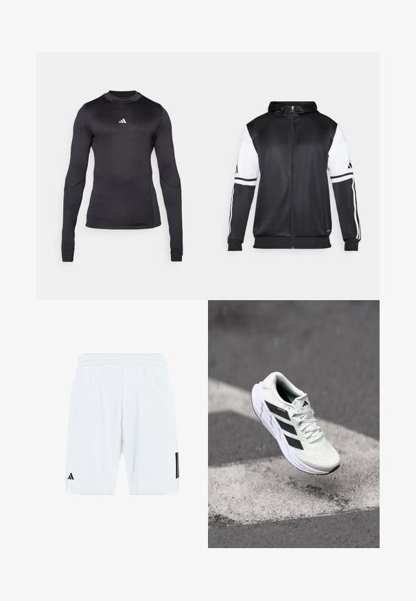 Svart hettegenser med glidelås som har hvite ermer og tre hvite striper langs armene. Laget av et glatt, lett stoff. Designet inkluderer hettegenseren.; Langermet treningsskjorte i sort, med en smal passform, rund hals og en hvit Adidas-logo på brystet. Glatt, elastisk stoff.; Hvite atletiske shorts med elastisk midjebånd, med tre svarte striper på sidene og en svart logo på nedre venstre ben.; Hvit sportsko med teksturert mesh-overdel, svarte striper, snøring og en polstret såle, svevende over en markert veidoverflate.