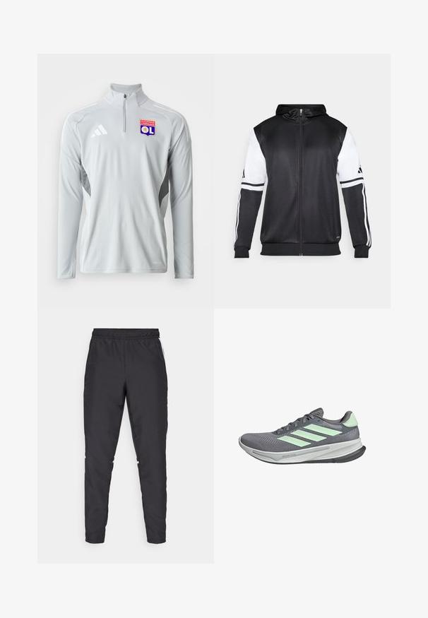 Czarna bluza z kapturem na zamek z białymi rękawami i trzema białymi paskami wzdłuż ramion. Wykonana z gładkiego, lekkiego materiału. Zawiera wzór bluzy z kapturem.; Jasnoszary długi rękaw sportowy pulower z półzamkiem, z białymi akcentami po bokach i haftowanym logo Olympique Lyonnais.; Czarne spodnie sportowe z elastycznym mankietem, zwężanymi nogawkami i białymi akcentami po bokach. Wykonane z materiału syntetycznego o gładkiej fakturze.; adidas Performance - Obuwie do biegania Szlak