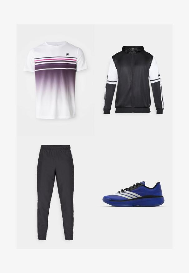 Fekete zipzáras kapucnis pulóver, fehér ujjakkal és három fehér csíkkal a karokon. Simább, könnyű anyagból készült. A kapucnis pulóver dizájnja is benne van.; Fehér, rövid ujjú póló, vízszintes lila és rózsaszín csíkokkal, sötétlilától fehérig terjedő árnyalatú áttűnés, F logó a bal felső részen.; Fekete sportnadrág, rugalmas derékkal, szűkített szárakkal és fehér oldalszegésekkel. Szinétikus anyagból készült, sima tapintással.; adidas Performance ADIZERO SELECT 3.0 - Kosárlabdacipők - lucid blue/core black/metallic