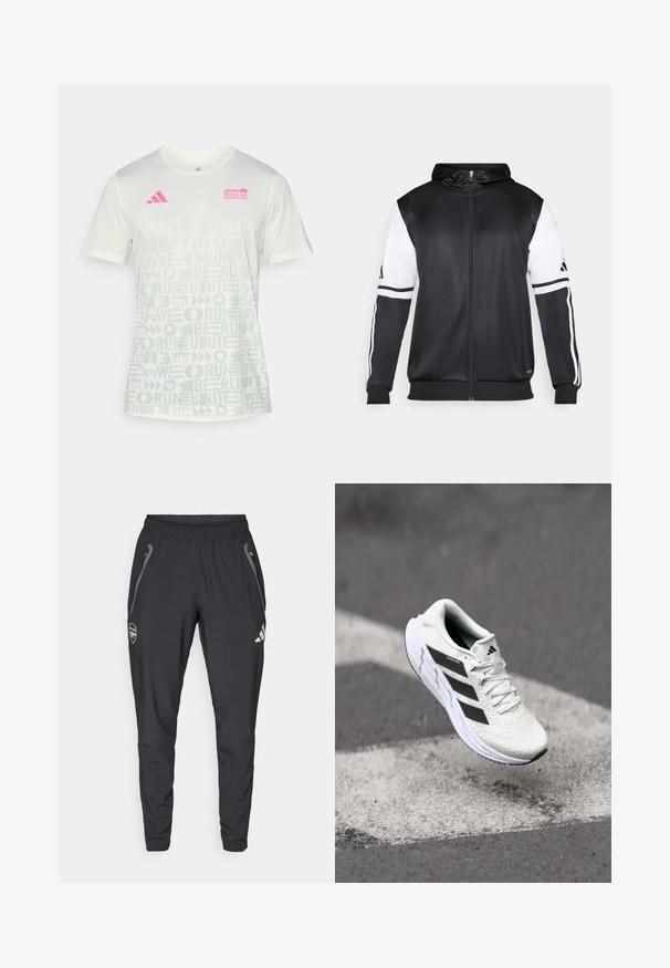 Sudadera con cremallera negra con mangas blancas y tres franjas blancas a lo largo de los brazos. Fabricada con un tejido suave y ligero. Diseño de sudadera incluido.; adidas Performance BER25 AOP TEE - Camiseta deportiva - crystal jade; adidas Performance ARSENAL FC TIRO25 COMPETITION VIS TECH TRAVEL PANT - Equipación de clubes - black; Zapatilla deportiva blanca con parte superior de malla texturizada, rayas negras, cierre de cordones y suela acolchada, levitando sobre una superficie de carretera marcada.