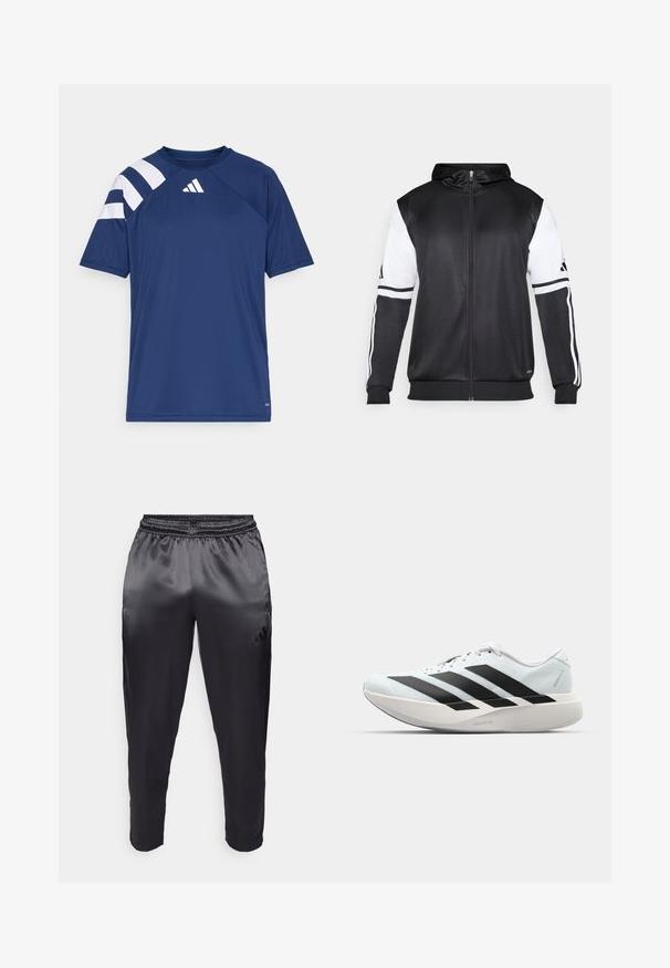 Fekete zipzáras kapucnis pulóver, fehér ujjakkal és három fehér csíkkal a karokon. Simább, könnyű anyagból készült. A kapucnis pulóver dizájnja is benne van.; Sötétkék sportpóló, texturált anyagból, bal vállán fehér csíkokkal és egy kis logóval a nyakkivágás közelében.; Fekete sportnadrág sima, könnyű anyagból, rugalmas derékpánttal. Bal oldalon egy kis logó található, lábszárai pedig tapered fazonúak.; Világoskék, fekete csíkos könnyű futószerek. Simább felső résszel, kerek orral és vastag fehér középtalppal, amelyen a "LIGHTSTRIKE PRO" felirat olvasható.