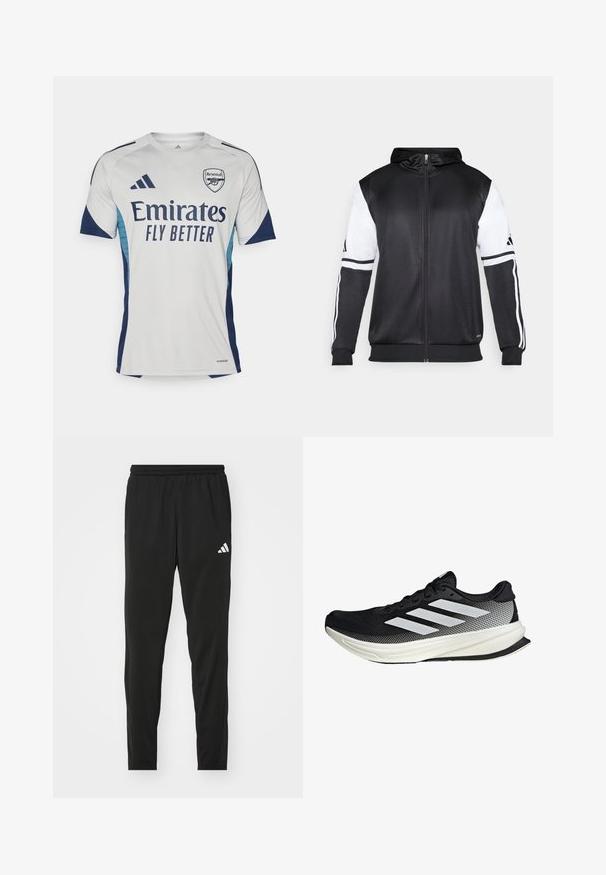 Svart zip-up hoodie med vita ärmar och tre vita ränder längs armarna. Tillverkad av ett mjukt och lätt tyg. Design av hoodie ingår.; Vitt kortärmad tröja med marinblå detaljer och ljusblå sidor. Har "Emirates FLY BETTER" tydligt på framsidan samt klubbens logotyp.; Svarta träningsbyxor med elastiskt midjeband, smalnande design och en vit Adidas-logotyp på vänster lår. Slätt, lätt tyg.; Svart atletisk sko med nätmönster, som har vita ränder, rund tå och en strukturerad sula för grepp och stöd.