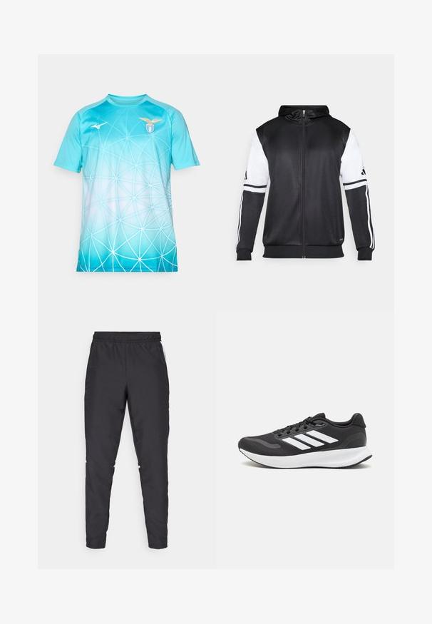 Crna dukserica s patentnim zatvaračem koja ima bijele rukave i tri bijele pruge duž ruku. Napravljena od glatkog, laganog materijala. Uključeni dizajn kapuljače.; Svijetloplava sportska majica s bijelim geometrijskim uzorkom, logo S.S. Lazio na desnoj strani grudnog koša i logo Mizuno na lijevoj strani grudnog koša.; Crne atletske hlače s elastičnim strukom, sužavajućim nogavicama i bijelim bočnim naglascima. Izrađene od sintetičkog materijala s glatkom teksturom.; Crne atletske tenisice s prozračnom mrežicom na gornjem dijelu, bijelim akcentima i mekanim potplatom. Imaju logo s tri pruge sa strane.