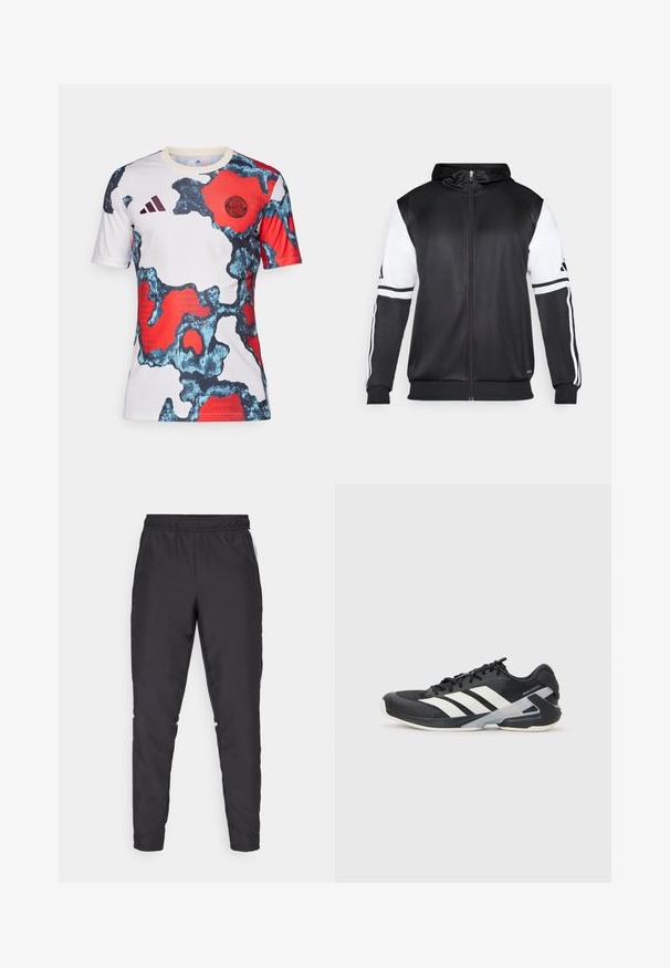 Mustapohjainen vetsaritakki, jossa on valkoiset hihnat ja kolme valkoista raitaa hihassa. Valmistettu sileästä, kevyestä kankaasta. Mukana hupparisuunnittelu.; Lyhythihainen jalkapallopaita, jossa on valkoinen pohja ja sinisiä, punaisia sekä mustia kamouflagemalleja, Adidas-logo ja Bayern Münchenin emblem.; Mustat urheiluhousut, joissa on joustava vyötärö, kapenevat lahkeet ja valkoiset sivuakkentit. Valmistettu synteettisestä materiaalista, jossa on sileä tekstuuri.; Mustat urheilukengät valkoisilla raidoilla, verkkomateriaalia ylhäällä, pyöristetty kärki ja pehmustettu pohja. Varustettu teksturoidulla kantapäällä ja turvallisella nauhoitusjärjestelmällä.