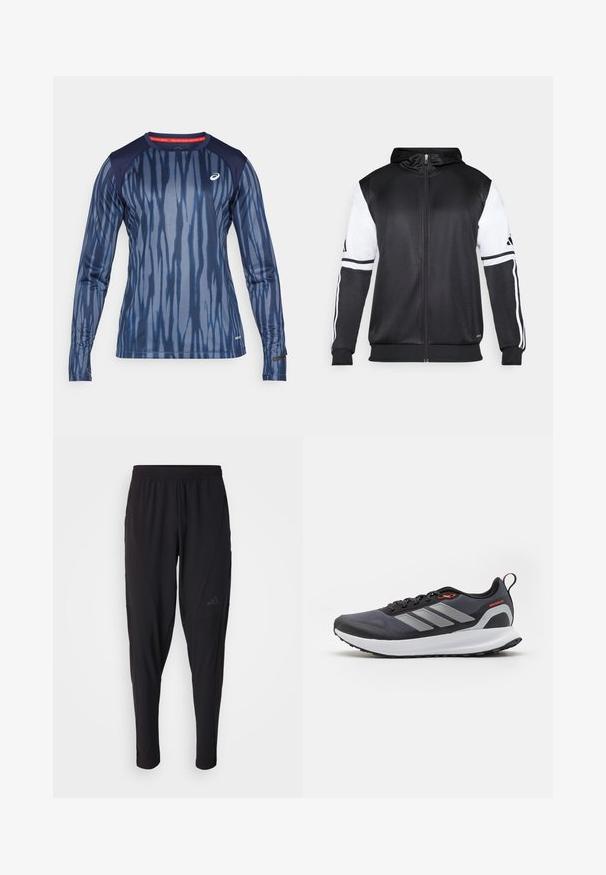 Black zip-up hoodie featuring white sleeves and three white stripes along the arms. Made from a smooth, lightweight fabric. Hoodie design included.; Long-sleeve athletic shirt made of stretch fabric, featuring a navy gradient pattern with vertical stripes and a ribbed collar.; Black athletic pants with an elastic waistband, tapered design, side pockets, and subtle logo detail. Made from flexible, breathable fabric.; Running shoes in black with gray accents. Features a textured upper, sturdy sole, and reflective stripes. Lightweight design with a cushioned midsole.