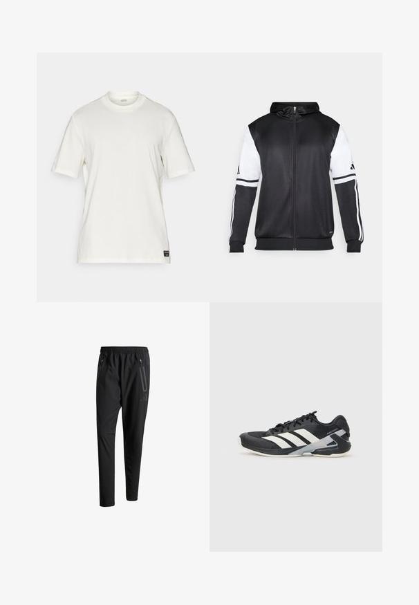 Svart hettegenser med glidelås som har hvite ermer og tre hvite striper langs armene. Laget av et glatt, lett stoff. Designet inkluderer hettegenseren.; Hvit bomull t-skjorte med kort erm og rund hals, minimalistisk design, og en liten logo-lapp nederst til venstre.; Svarte treningsbukser med elastisk liv, to glidelåslommer på sidene, avsmalnende ben og en subtil logo detalj ved hoften.; Svart treningssko med hvite striper, mesh-overdel, avrundet tå og polstret såle. Har en teksturert hæl og et sikkert snøresystem.