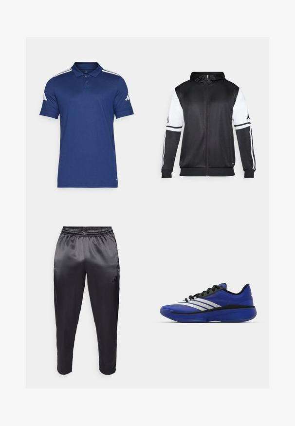 Čierna mikina s kapucňou na zips s bielymi rukávmi a tromi bielymi pruhmi pozdĺž rúk. Vyrobená z hladkej, ľahkej tkaniny. Design mikiny je zahrnutý.; Námornícky modré polo tričko vyrobené z priedušnej látky, s krátkymi rukávmi, golierom, trojitou gombíkovou légou a tromi bielymi pruhmi na ramenách.; Čierne športové nohavice vyrobené z hladkej, ľahkej tkaniny s elastickým pásom. Na ľavej strane sa nachádza malé logo a nohavice sú zúžené na koncoch.; adidas Performance ADIZERO SELECT 3.0 - Basketbalová obuv - lucid blue/core black/metallic