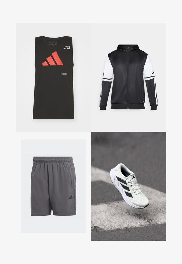 Hanorac negru cu fermoar, având mâneci albe și trei dungi albe pe brațe. Fabricat dintr-un material neted și ușor. Designul hanoracului este inclus.; adidas Performance ALL GYM CATEGORY GRAPHIC - Top - black; Shorts atletici gri cu talie elastică, buzunare laterale cu fermoar și un accent cu logo negru. Textură ușoară și netedă, de lungime până la genunchi.; Adidași albi cu partea superioară din plasă texturată, dungi negre, închidere cu șireturi și talpă căptușită, levitând deasupra unei suprafețe de drum marcate.
