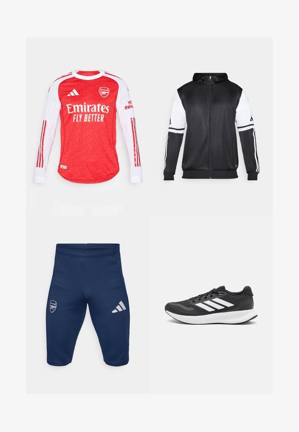 Black zip-up hoodie featuring white sleeves and three white stripes along the arms. Made from a smooth, lightweight fabric. Hoodie design included.; Red long-sleeve jersey with patterned texture, white sleeves, and red stripes. Features the Arsenal logo and "Emirates Fly Better" text.; Navy athletic shorts made of stretchy fabric, featuring an Arsenal logo on the left leg and three white Adidas stripes on the right leg.; Black athletic shoe with breathable mesh upper, white accents, and a cushioned sole. Features three stripes logo on the side.
