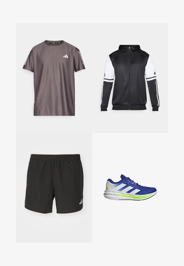 Svart zip-up hoodie med vita ärmar och tre vita ränder längs armarna. Tillverkad av ett mjukt och lätt tyg. Design av hoodie ingår.; adidas Performance OTR B - T-shirt till träning - charcoal; Svarta träningsshorts med elastisk midja, sidoklyftor och reflekterande logotypdetaljer. Tillverkade av lätt och mjukt tyg.; Blå sportskor med vit accent, ovandel i mesh och dämpande sula som framhävs av en neongrön rand. Har en böjd design.