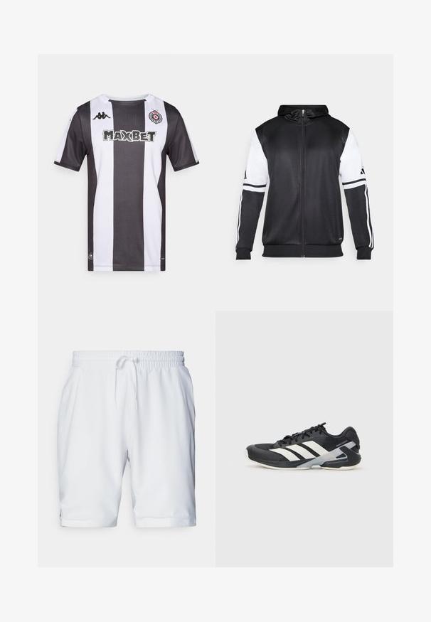 Hanorac negru cu fermoar, având mâneci albe și trei dungi albe pe brațe. Fabricat dintr-un material neted și ușor. Designul hanoracului este inclus.; Tricou de fotbal alb-negru cu dungi, cu mâneci scurte, guler, logo Kappa și inscripția "MAXBET" imprimată cu litere îndrăznețe pe față.; Shorts sportive albe cu talie elastică și șnur ajustabil. Țesătură netedă cu o textură subtilă, având buzunare laterale.; Pantofii sport negri cu dungi albe, superior din plasă, vârf rotunjit și talpă îmbunătățită pentru amortizare. Au o călcătură texturată și un sistem de șireturi securizat.