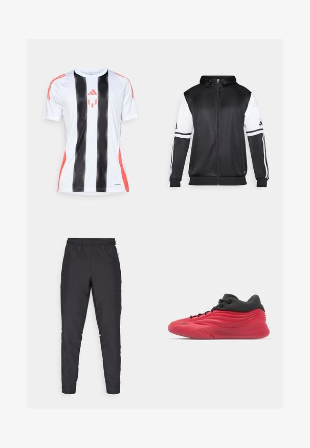 Fekete zipzáras kapucnis pulóver, fehér ujjakkal és három fehér csíkkal a karokon. Simább, könnyű anyagból készült. A kapucnis pulóver dizájnja is benne van.; Fehér sportdzseki fekete függőleges csíkokkal és piros díszítéssel a vállakon. AeroReady technológiával rendelkezik a nedvességkezelés érdekében.; Fekete sportnadrág, rugalmas derékkal, szűkített szárakkal és fehér oldalszegésekkel. Szinétikus anyagból készült, sima tapintással.; Piros sportcipők, textúrált mintázattal, fekete felsőrésszel, sima gumitalppal és fűzőkkel. Jelentős vízszintes csíkok az oldalakon.