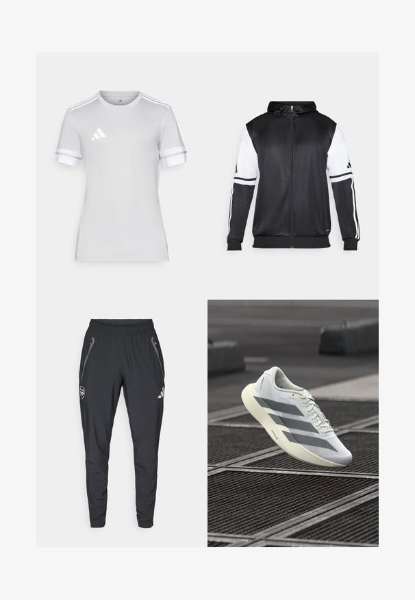 Černá mikina na zip s bílými rukávy a třemi bílými pruhy podél ramen. Vyrobena z hladkého, lehkého materiálu. Design mikiny je zahrnut.; Triko s krátkým rukávem, světle šedá látka, kulatý výstřih, bílé třípruhové akcenty na rukávech, malé reflexní logo na hrudi.; adidas Performance ARSENAL FC TIRO25 COMPETITION VIS TECH TRAVEL PANT - Klubové oblečení - black; Bílá sportovní obuv s texturovaným síťovaným svrškem, zdobená šedými pruhy a polstrovanou podrážkou. Lehký design vhodný na běhání.