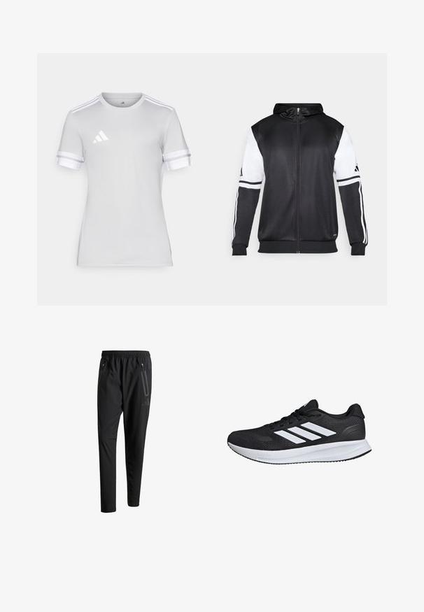 Mustapohjainen vetsaritakki, jossa on valkoiset hihnat ja kolme valkoista raitaa hihassa. Valmistettu sileästä, kevyestä kankaasta. Mukana hupparisuunnittelu.; Urheilullinen lyhythihainen paita, vaalea harmaa kangas, pyöreä pääntie, valkoiset kolmi-nauhat hihassa, pieni heijastava logo rinnassa.; Mustat urheiluhousut, joissa on joustava vyötärö, kaksi vetoketjullista sivutaskua, kapenevat lahkeet ja hillitty logokuvaus lonkalla.; Musta urheilukenkä, jossa on valkoiset raidat, verkkomateriaali, pehmustettu pohja ja teksturoidut yksityiskohdat. Kenkässä on nauhakiinnitys ja brändin logo kielen päällä.