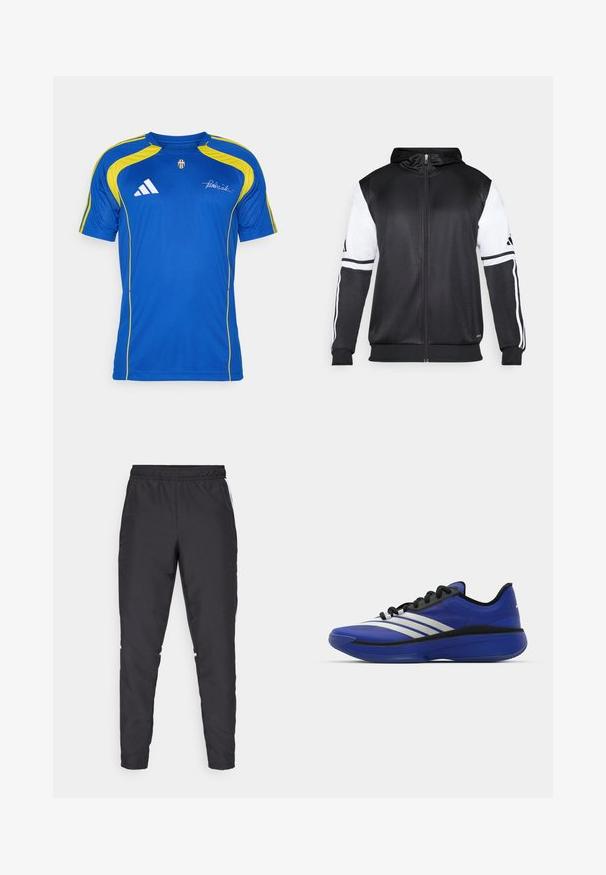 Hanorac negru cu fermoar, având mâneci albe și trei dungi albe pe brațe. Fabricat dintr-un material neted și ușor. Designul hanoracului este inclus.; adidas Performance JUVENTUS TURIN URBAN PURIST JERSEY - Echipament cluburi fotbal - team royal blue; Pantaloni de sport negri cu talie elastică, picioare conice și accente laterale albe. Fabricat din material sintetic cu o textură netedă.; adidas Performance ADIZERO SELECT 3.0 - Ghete baschet - lucid blue/core black/metallic
