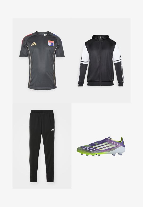 Juodas džinsinis užtrauktukas su baltais rankovėmis ir trimis baltais dryžiais ant rankų. Pagamintas iš lygaus, lengvo audinio. Džinsinio dizainas įtrauktas.; Juodas sportinis marškinėliai su trumpomis rankovėmis, puošti auksiniais akcentais ir komandos logotipu. Pagaminti iš glotnios, drėgmę šalinančios medžiagos.; Juodos sportinės kelnės su elastinga juosmena, siaurėjančiu dizainu ir baltu Adidas logotipu kairiajame šlaunyje. Lygi, lengva medžiaga.; Violetiniai ir žalios spalvos futbolo batai su sūrio dizainu, turintys tekstūruotą viršutinę dalį, baltą ženklą ir permatomus kalcio.