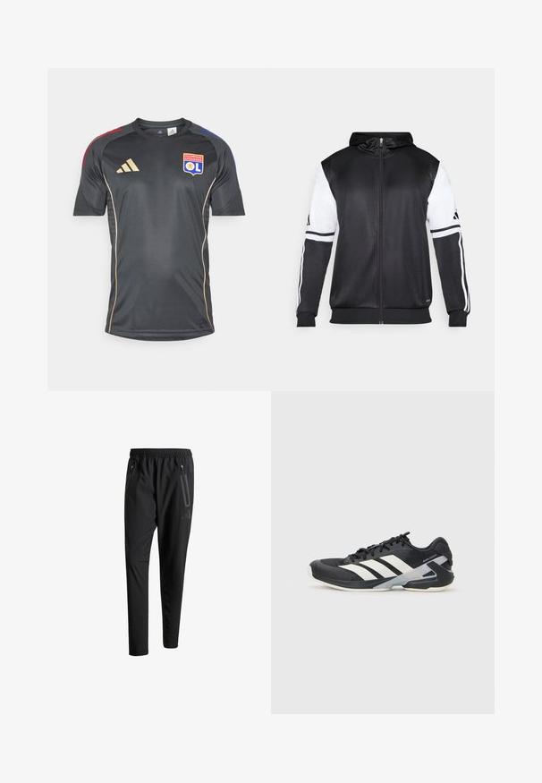 Juodas džinsinis užtrauktukas su baltais rankovėmis ir trimis baltais dryžiais ant rankų. Pagamintas iš lygaus, lengvo audinio. Džinsinio dizainas įtrauktas.; Juodas sportinis marškinėliai su trumpomis rankovėmis, puošti auksiniais akcentais ir komandos logotipu. Pagaminti iš glotnios, drėgmę šalinančios medžiagos.; Juodi sportiniai šortai su elastiniu juosmeniu, dviem užtrauktukais šoniniais kišenėmis, siaurėjančiomis kojomis ir subtiliu logotipo detaliu ant klubo.; Juoda sportinė avalynė su baltais dryžiais, tinklinis viršus, apvalus pirštas ir paminkštinta padais. Yra tekstūruota kulno dalis ir saugi raištelių sistema.