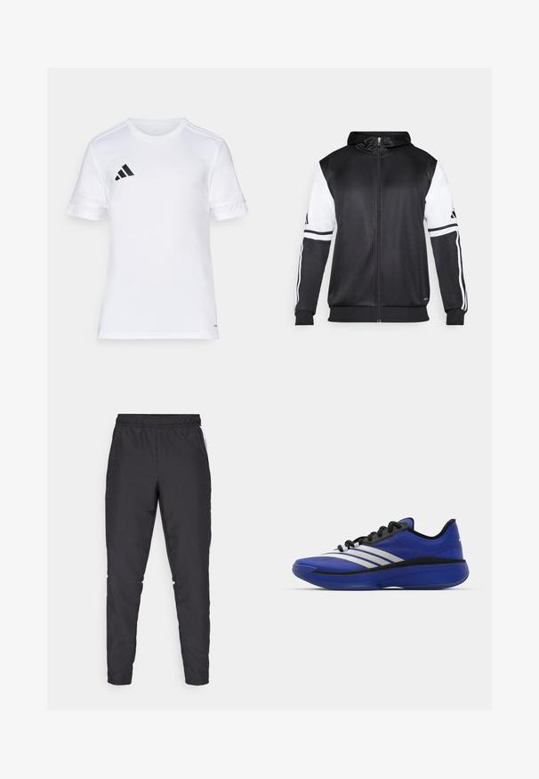 Svart zip-up hoodie med vita ärmar och tre vita ränder längs armarna. Tillverkad av ett mjukt och lätt tyg. Design av hoodie ingår.; Vit sporttröja med kort ärm och svart trefärgsdesign på axlarna samt logotyp på vänster bröst. Slät, lättviktig tyg.; Svarta träningsbyxor med elastisk midjeband, smalnande ben och vita sidodetaljer. Tillverkade av syntetiskt material med en slät yta.; adidas Performance ADIZERO SELECT 3.0 - Basketsko - lucid blue/core black/metallic