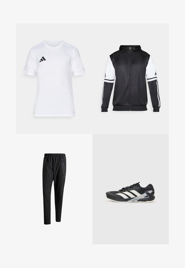 Svart hettegenser med glidelås som har hvite ermer og tre hvite striper langs armene. Laget av et glatt, lett stoff. Designet inkluderer hettegenseren.; Hvit kortermet sportsskjorte med svart tre-stripe-design på skuldrene og logo på venstre bryst. Glatt, lett stoff.; Svarte treningsbukser med elastisk liv, to glidelåslommer på sidene, avsmalnende ben og en subtil logo detalj ved hoften.; Svart treningssko med hvite striper, mesh-overdel, avrundet tå og polstret såle. Har en teksturert hæl og et sikkert snøresystem.