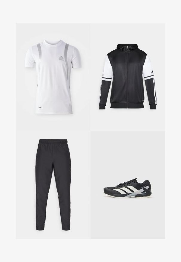 Sweatshirt preto com fecho, apresentando mangas brancas e três riscas brancas ao longo dos braços. Feito de um tecido suave e leve. Design do capuz incluído.; Camisa atlética de manga curta branca com detalhes prateados, apresentando um decote redondo e um logotipo da Adidas no peito. Feita de tecido que transfere a humidade.; Calças atléticas pretas com um cós elástico, pernas ajustadas e acentos brancos nas laterais. Feitas de material sintético com uma textura suave.; Sapata atlética preta com riscas brancas, parte superior em malha, biqueira arredondada e sola acolchoada. Apresenta um calcanhar texturizado e um sistema de atacadores seguro.