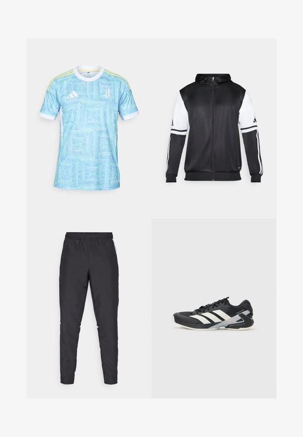 Černá mikina na zip s bílými rukávy a třemi bílými pruhy podél ramen. Vyrobena z hladkého, lehkého materiálu. Design mikiny je zahrnut.; Světle modrý dres s abstraktními vírovými vzory, bílými akcenty a třemi žlutými pruhy na ramenou. Obsahuje logo Adidas a erb Juventusu.; Černé sportovní kalhoty s elastickým pasem, zúženými nohavicemi a bílými bočními akcenty. Vyrobené z umělého materiálu s hladkým povrchem.; Černá sportovní obuv s bílými pruhy, síťovaným svrškem, zaoblenou špičkou a polstrovanou podrážkou. Obsahuje texturovanou patu a bezpečný systém šněrování.