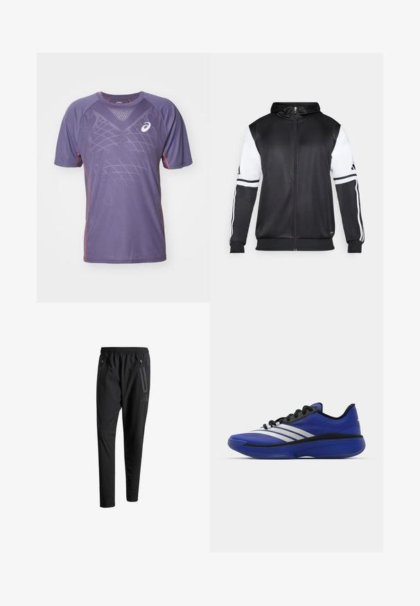 Svart hettegenser med glidelås som har hvite ermer og tre hvite striper langs armene. Laget av et glatt, lett stoff. Designet inkluderer hettegenseren.; Kortermet treningstrøye laget av lilla fukttransporterende stoff, med mesh-paneler, oransje kontrastsøm og en logo på brystet.; Svarte treningsbukser med elastisk liv, to glidelåslommer på sidene, avsmalnende ben og en subtil logo detalj ved hoften.; adidas Performance ADIZERO SELECT 3.0 - Basketballsko - lucid blue/core black/metallic