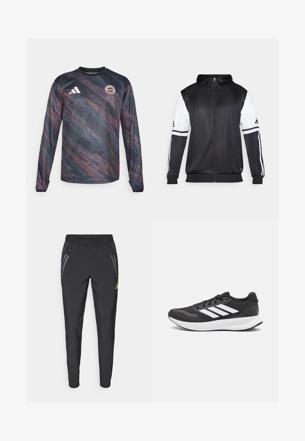 Black zip-up hoodie featuring white sleeves and three white stripes along the arms. Made from a smooth, lightweight fabric. Hoodie design included.; Long-sleeve jersey in dark blue and maroon with a textured, wavy pattern. Features a black collar and FC Bayern Munich logo on the chest.; adidas Performance REAL MADRID TIRO25 PRO VIS TECH TRAVEL PANT - Club wear - black/lucid lemon; Black athletic shoe with breathable mesh upper, white accents, and a cushioned sole. Features three stripes logo on the side.