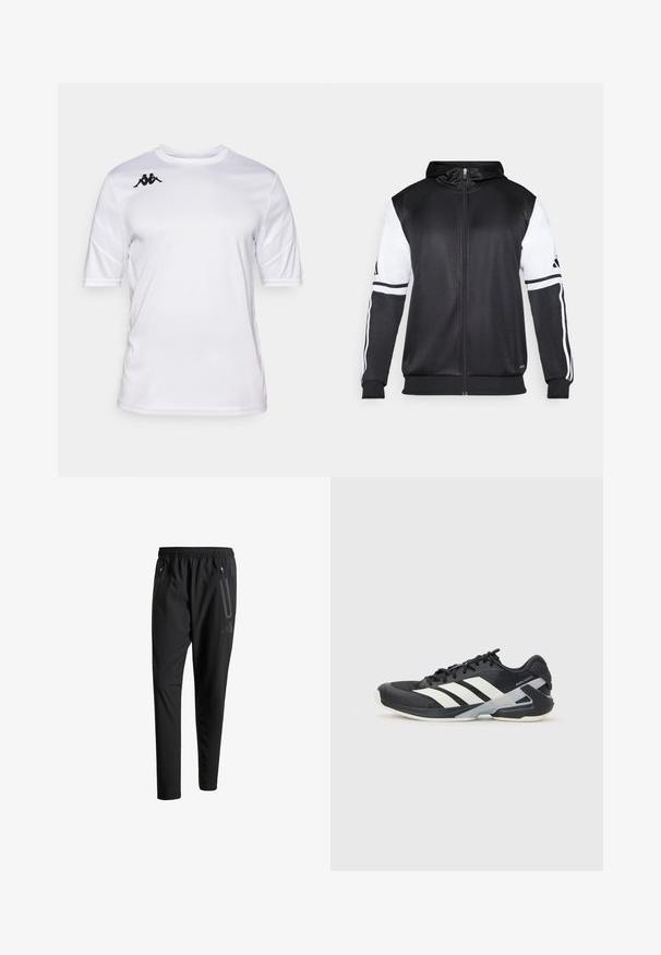 Must eltavõttega must kapuutsiga sviiter, millel on valged varrukad ja kolm valget triipu mööda käsi. Valmistatud siledast ja kergest kangast. Kapuutsi disain on kaasatud.; Valge lühikeste varrukatega spordipoliis, ümmarguse kaelusega ja must Kappa logo paremal õlal.; Mustavad spordipüksid elastse vöökoha, kahe tõmblukuga küljetasku, kitsenevate säärete ning õrna logodetailiga puusadel.; Mustad sportlik jalanõud mustade värvidega, valgete triipudega, võrgusilma pealmine osa, ümar varvas ja pehme tallaga. Omab tekstureeritud kontsa ja kindlat paeltesüsteemi.