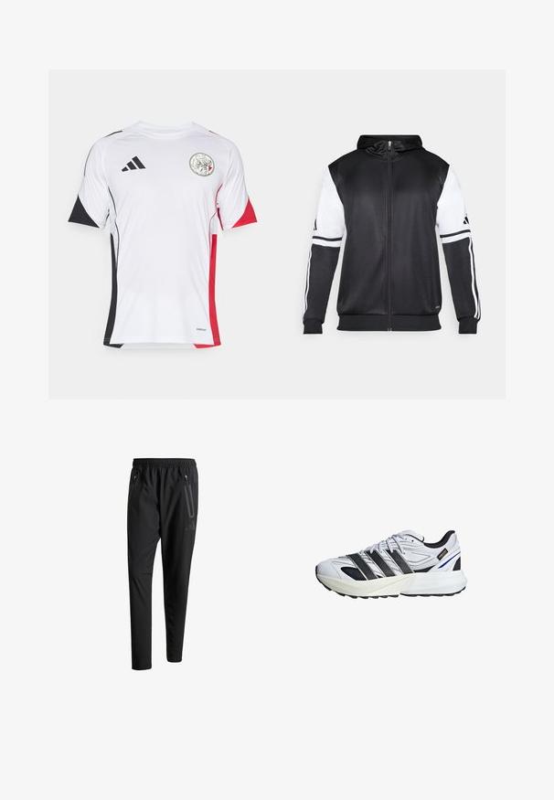 Sort zip-up hættetrøje med hvide ærmer og tre hvide striber langs armene. Lavet af et glat, letvægtsstof. Designet til hættetrøjen er inkluderet.; Hvid atletisk trøje med sorte og røde accenter, korte ærmer og rund krave. Inkluderer et logo på fronten. Lavet af åndbart materiale.; Sorte atletiske bukser med elastisk talje, to lynlåslommer på siden, tætsiddende ben og en diskret logo-detalje på hoften.; Hvid atletisk sko med sorte og kulstoffiber-stribede accenter, tekstureret overdel, polstret krave og LIGHTSTRIKE dæmpningssål.