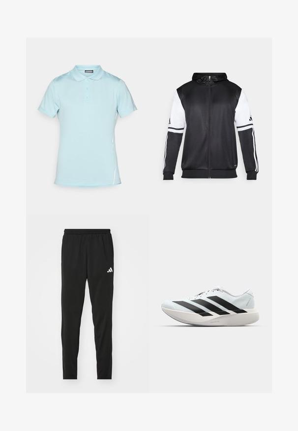 Juodas džinsinis užtrauktukas su baltais rankovėmis ir trimis baltais dryžiais ant rankų. Pagamintas iš lygaus, lengvo audinio. Džinsinio dizainas įtrauktas.; Šviesiai mėlynas polo marškinėlis, pagamintas iš lygaus audinio, su klasikiniu apykakle, trimis mygtukais ir trumpomis rankovėmis su subtiliais šonų akcentais.; Juodos sportinės kelnės su elastinga juosmena, siaurėjančiu dizainu ir baltu Adidas logotipu kairiajame šlaunyje. Lygi, lengva medžiaga.; Lengvi bėgimo batai šviesiai mėlynos spalvos su juodomis juostelėmis. Yra lygus viršus, apvalus pirštas ir storas baltas vidpadis su užrašu "LIGHTSTRIKE PRO."