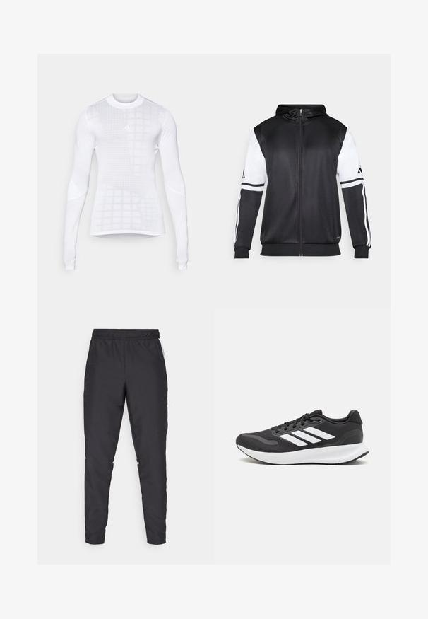 Black zip-up hoodie featuring white sleeves and three white stripes along the arms. Made from a smooth, lightweight fabric. Hoodie design included.; Long-sleeve athletic shirt in white, featuring a grid pattern and textured accents. Made from smooth, stretchy fabric with a fitted design.; Black athletic pants with an elastic waistband, tapered legs, and white side accents. Made of synthetic material with a smooth texture.; Black athletic shoe with breathable mesh upper, white accents, and a cushioned sole. Features three stripes logo on the side.