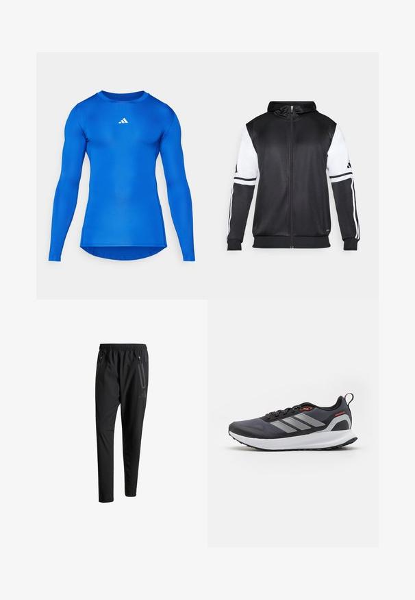 Svart hettegenser med glidelås som har hvite ermer og tre hvite striper langs armene. Laget av et glatt, lett stoff. Designet inkluderer hettegenseren.; Langermet treningsskjorte i ensfarget blå, laget av elastisk stoff. Har rund hals og en liten hvit logo på brystet.; Svarte treningsbukser med elastisk liv, to glidelåslommer på sidene, avsmalnende ben og en subtil logo detalj ved hoften.; Løpesko i svart med grå detaljer. Har en teksturert overdel, solid såle og reflekterende striper. Lett design med polstret mellomsåle.