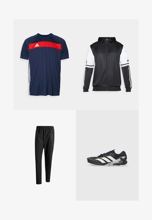 Svart hettegenser med glidelås som har hvite ermer og tre hvite striper langs armene. Laget av et glatt, lett stoff. Designet inkluderer hettegenseren.; Marineblå treningskjorte med en rød horisontal stripe og hvite detaljer. Laget av glatt stoff med korte ermer og rund hals.; Svarte treningsbukser med elastisk liv, to glidelåslommer på sidene, avsmalnende ben og en subtil logo detalj ved hoften.; Svart treningssko med hvite striper, mesh-overdel, avrundet tå og polstret såle. Har en teksturert hæl og et sikkert snøresystem.