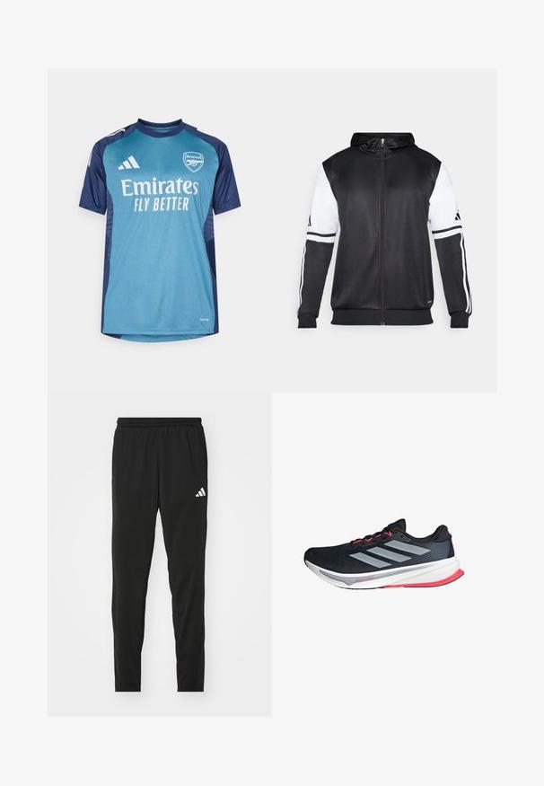 Sort zip-up hættetrøje med hvide ærmer og tre hvide striber langs armene. Lavet af et glat, letvægtsstof. Designet til hættetrøjen er inkluderet.; Målmandstrøje i teal og marineblå, lavet af åndbart stof. Udstyret med "Emirates" og "Arsenal" logoer, korte ærmer og kontrasterende skulderdetaljer.; Sorte atletiske bukser med elastisk talje, skræddersyet design og et hvidt Adidas-logo på venstre lår. Glat, letvægtsstof.; Sort løbesko med sølvstriber, pink accenter, åndbart mesh-overdel, polstret hvid sål og slankt design for komfort og ydeevne.