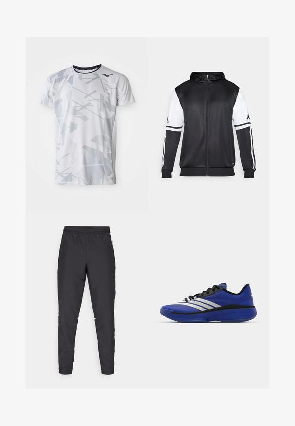 Zwarte zip-up hoodie met witte mouwen en drie witte strepen langs de armen. Gemaakt van een gladde, lichte stof. Inclusief ontwerp van de hoodie.; Witte sport T-shirt met een geometrisch grijs patroon, korte mouwen, ronde hals en Mizuno-logo op de bovenste links. Gemaakt van ademend materiaal.; Zwarte sportbroek met een elastische tailleband, taps toelopende benen en witte zijkanten. Gemaakt van synthetisch materiaal met een gladde textuur.; adidas Performance ADIZERO SELECT 3.0 - Basketbalschoenen - lucid blue/core black/metallic