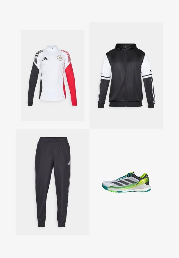 Black zip-up hoodie featuring white sleeves and three white stripes along the arms. Made from a smooth, lightweight fabric. Hoodie design included.; White athletic pullover with black and red accents, features a quarter-zip collar, long sleeves, and a circular logo on the chest.; Black athletic pants with an elastic waistband, featuring white stripes along the sides and a small logo on the hip. Smooth texture.; Gray and black athletic shoe with green accents and mesh upper. Features three black stripes and a textured sole for traction.