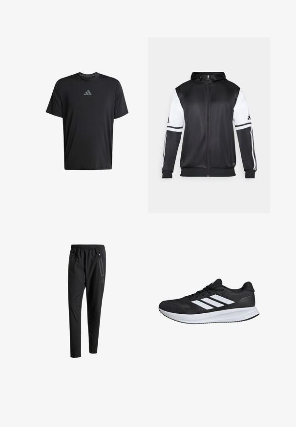 Czarna bluza z kapturem na zamek z białymi rękawami i trzema białymi paskami wzdłuż ramion. Wykonana z gładkiego, lekkiego materiału. Zawiera wzór bluzy z kapturem.; Czarny krótki rękaw sportowy t-shirt wykonany z lekkiego materiału, z okrągłym dekoltem i szarym logo Adidas na piersi.; Czarne spodnie sportowe z elastycznym paskiem w talii, dwiema zasuwanymi kieszeniami bocznymi, zwężanymi nogawkami i subtelnym logo na biodrze.; Czarne buty sportowe z białymi paskami, siateczkowa cholewka, wyściełana podeszwa i teksturowane akcenty. Posiadają sznurowany design oraz logo marki na języku.
