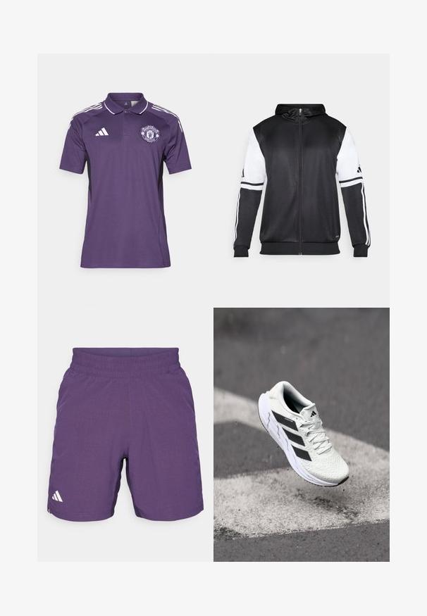 Hoodie zippé noir avec des manches blanches et trois bandes blanches le long des bras. Fabriqué en tissu lisse et léger. Design de hoodie inclus.; Polo en polyester violet avec accents blancs et panneaux latéraux noirs. Arpente d'un logo de Manchester United sur la poitrine et de manches à trois rayures.; Shorts de sport violets fabriqués en tissu respirant, dotés d'une taille élastique et d'un accent logo blanc sur le côté gauche.; Baskets de sport blanches avec un dessus en mesh texturé, des rayures noires, un laçage et une semelle rembourrée, lévitant au-dessus d'une surface de route marquée.