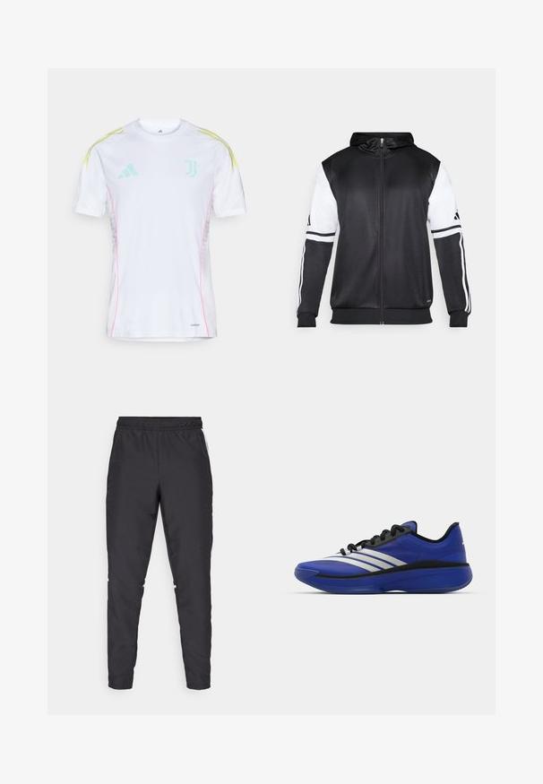 Svart zip-up hoodie med vita ärmar och tre vita ränder längs armarna. Tillverkad av ett mjukt och lätt tyg. Design av hoodie ingår.; Vit tröja med korta ärmar, som har ljusblå och gula axelränder, rosa sid sömmar och en Juventus-logotyp.; Svarta träningsbyxor med elastisk midjeband, smalnande ben och vita sidodetaljer. Tillverkade av syntetiskt material med en slät yta.; adidas Performance ADIZERO SELECT 3.0 - Basketsko - lucid blue/core black/metallic