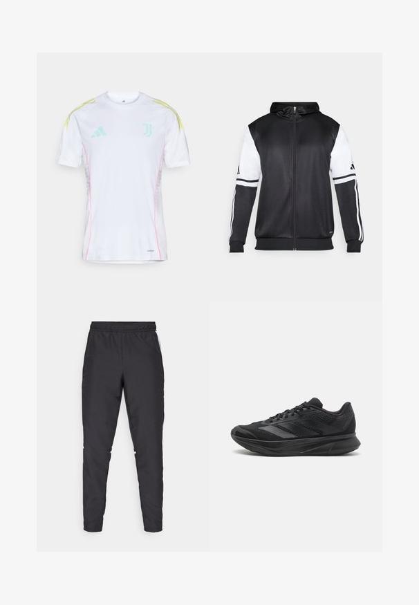 Svart zip-up hoodie med vita ärmar och tre vita ränder längs armarna. Tillverkad av ett mjukt och lätt tyg. Design av hoodie ingår.; Vit tröja med korta ärmar, som har ljusblå och gula axelränder, rosa sid sömmar och en Juventus-logotyp.; Svarta träningsbyxor med elastisk midjeband, smalnande ben och vita sidodetaljer. Tillverkade av syntetiskt material med en slät yta.; Svart atletisk sko med mesh- och syntetmaterial, strömlinjeformad design, böjd sula och texturerad detaljering på ovandelen.